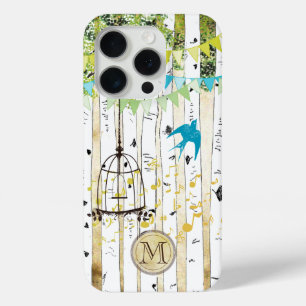 Monogram Birdcage Cute Bird Birch Tree iPhone Case