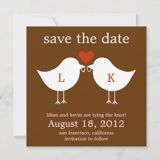 Monogram Birds Save The Date Card - Chocolate (Front)