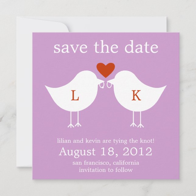 Monogram Birds Save The Date Card - Purple (Front)