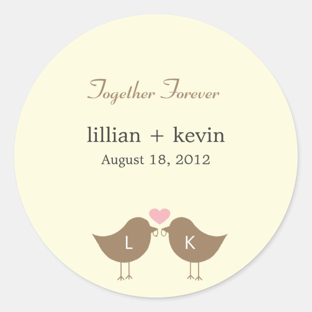 Monogram Birds Wedding Favour Sticker - Latte (Front)