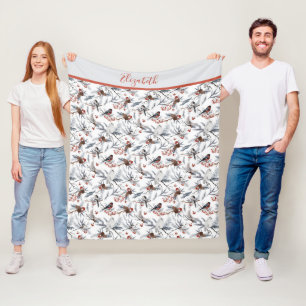 Monogram Birds White Grey Silver Branch Red Berry Fleece Blanket