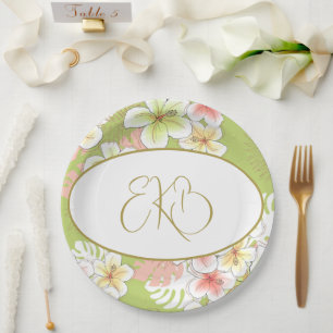 Monogram Birthday Elegant Tropical  Paper Plate