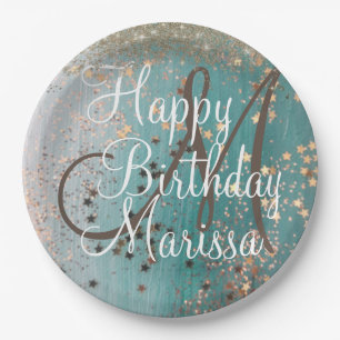 Monogram Birthday Gold Stars on Teal  Paper Plate