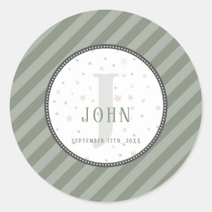 Monogram & Birthday Olive Green Classic Round Sticker