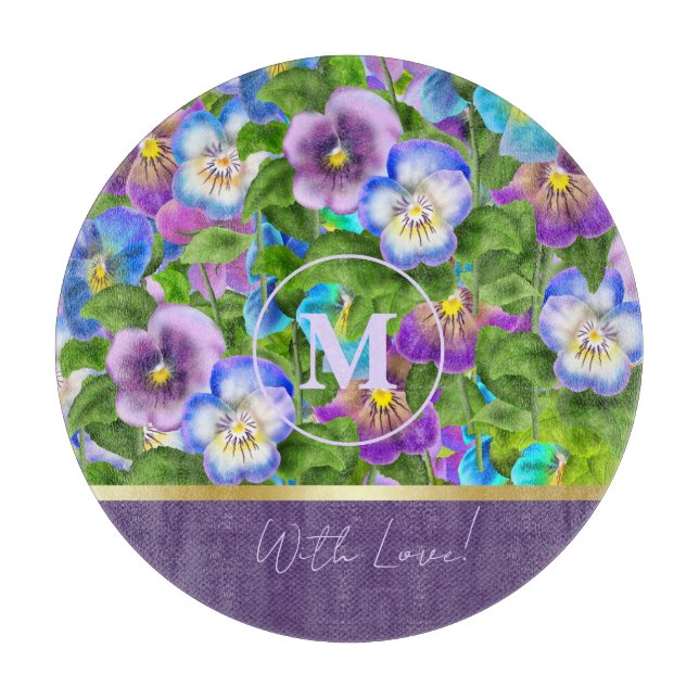 Monogram Birthday Pansy Violet Flowers Watercolor Cutting Board (Front)