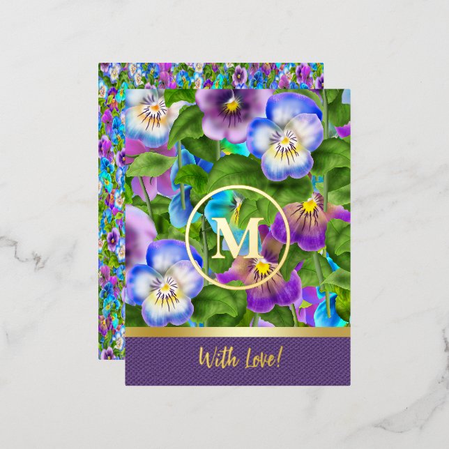 Monogram Birthday Pansy Violet Flowers Watercolor Foil Holiday Postcard (Front/Back)