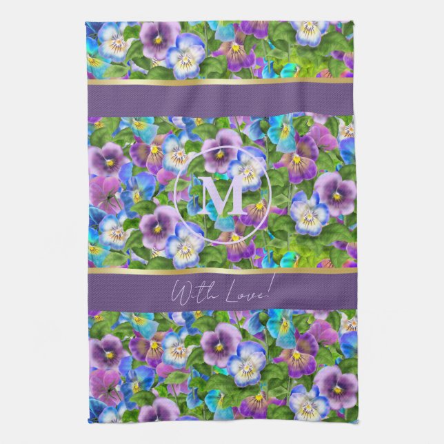 Monogram Birthday Pansy Violet Flowers Watercolor Tea Towel (Vertical)