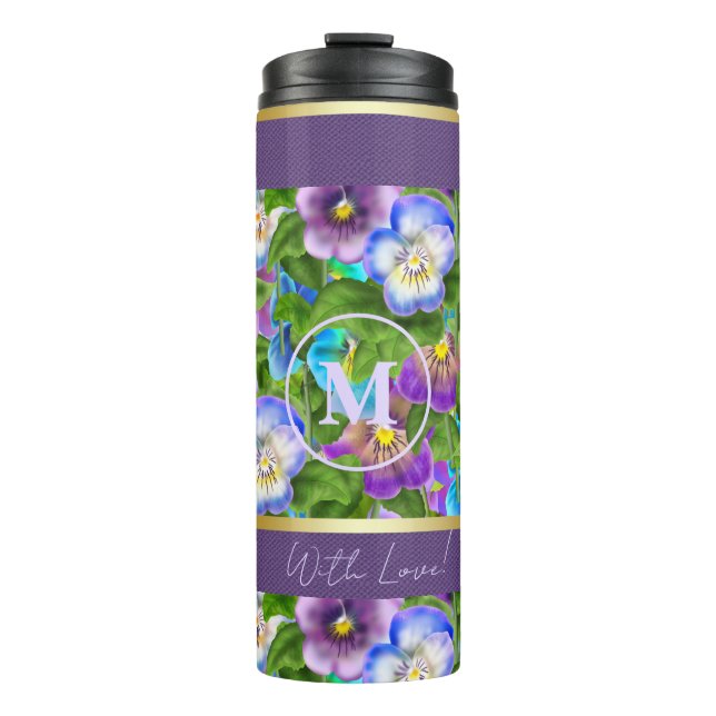 Monogram Birthday Pansy Violet Flowers Watercolor Thermal Tumbler (Front)