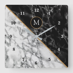 Monogram Birthday Wall Clock Black White Marble