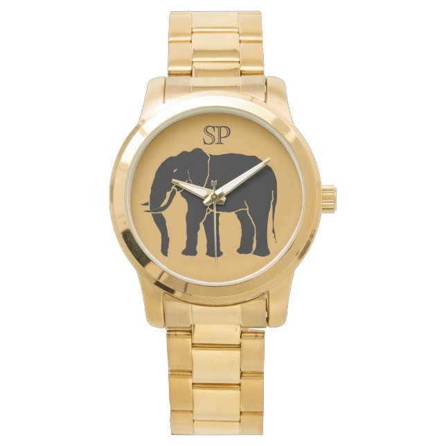 Monogram Black African Elephant on Gold Background Watch (Front)