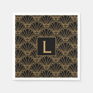 Monogram Black and Gold Art Deco Fan Flowers Motif Napkin
