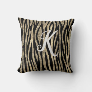 Monogram Black and Gold Glitter Zebra Print  Cushion