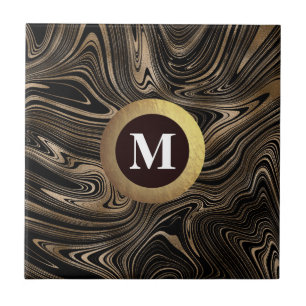 Monogram black and gold Marble  Tile