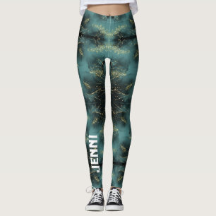 Monogram Black and Gold Pattern on Blue   Leggings