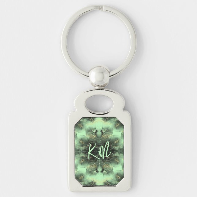 Monogram Black and Gold Pattern on Green | Key Ring (Front)