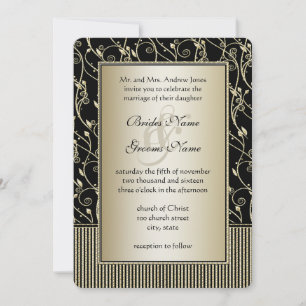 Monogram Black and Gold Swirl Wedding Invitation