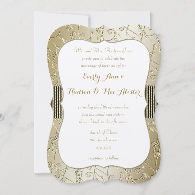 Monogram Black and Gold Swirl Wedding Invitation (Front)