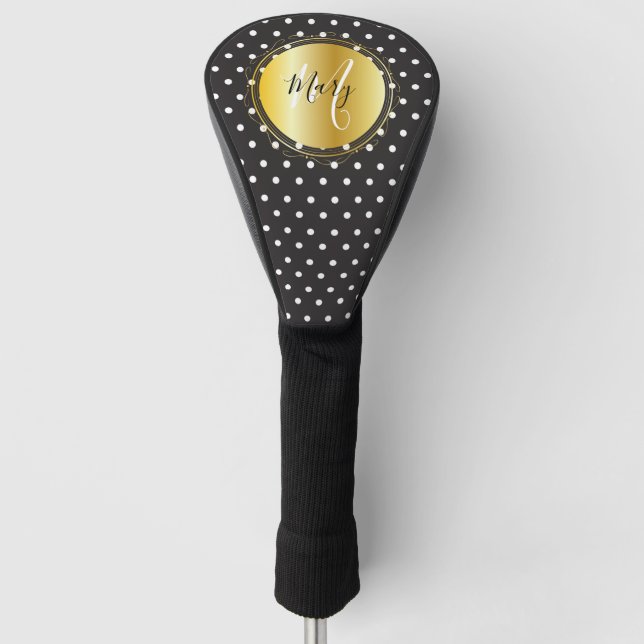 Monogram Black and Gold white polka dots on black  Golf Head Cover (Front)