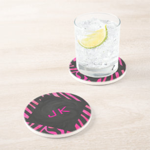 Monogram Black and Hot Pink Zebra Design Coaster