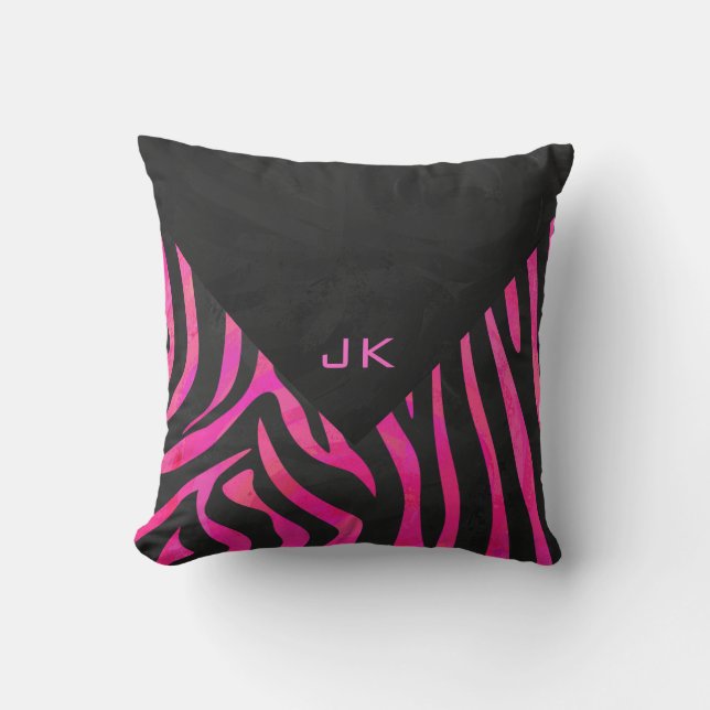 Monogram Black and Hot Pink Zebra Design Cushion (Front)