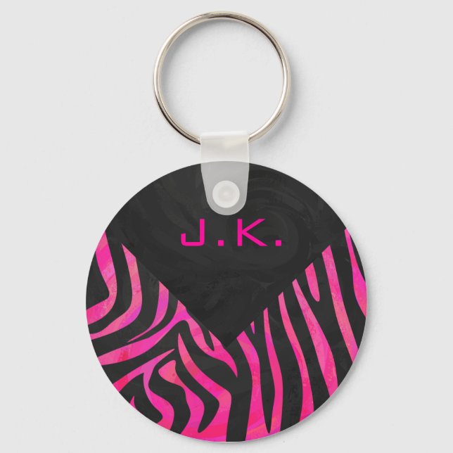 Monogram Black and Hot Pink Zebra Design Key Ring (Front)