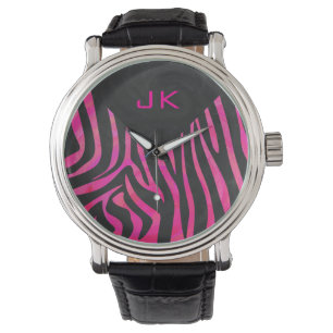 Monogram Black and Hot Pink Zebra Design Watch