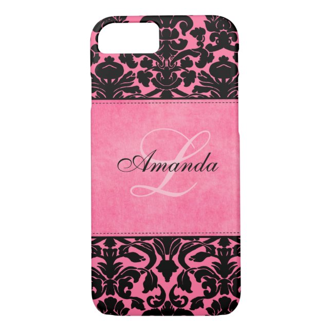 Monogram Black and Pink Damask iPhone 7 Case (Back)