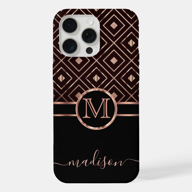 Monogram Black and Rose Gold Diamond Pattern iPhone Case (Back)