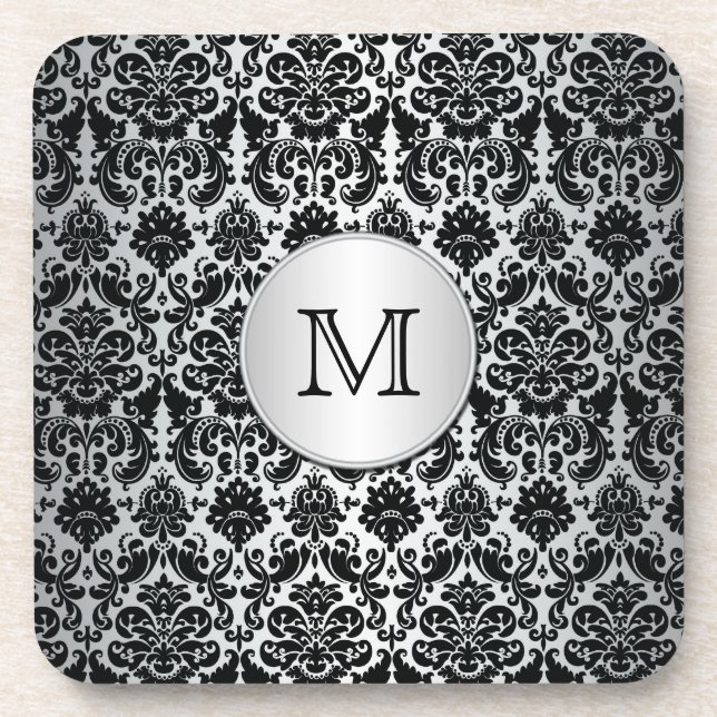 Monogram Black and Silver Damask Coaster Set (6) (Front)