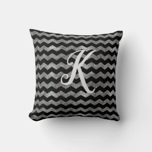 Monogram Black and Silver Glitter Chevron Cushion