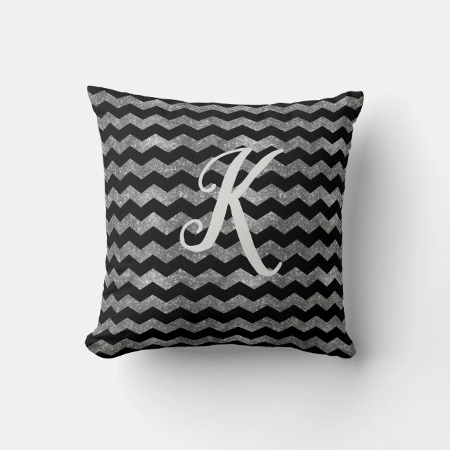 Monogram Black and Silver Glitter Chevron   Cushion (Front)