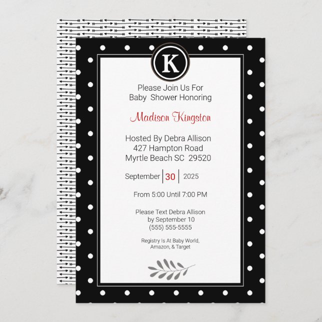 Monogram Black and White  Baby Shower Invitation (Front/Back)