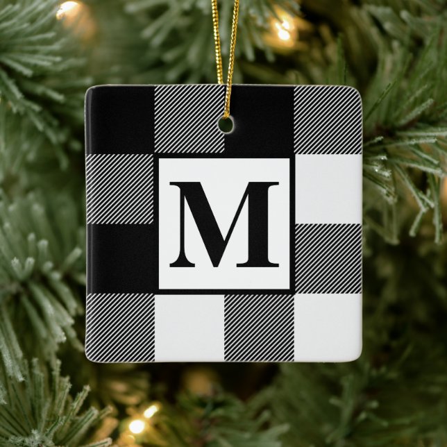 Monogram Black and White Buffalo Plaid Christmas Ceramic Ornament (Tree)