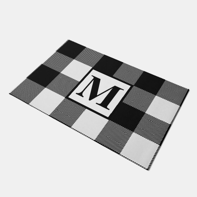 Monogram Black and White Buffalo Plaid Christmas Doormat (Angled)