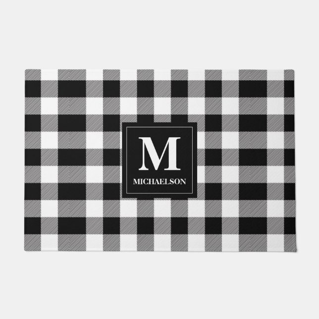 Monogram Black and White Buffalo Plaid Doormat (Front)