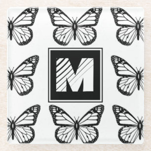 Monogram Black and White Butterfly Pattern Glass Coaster