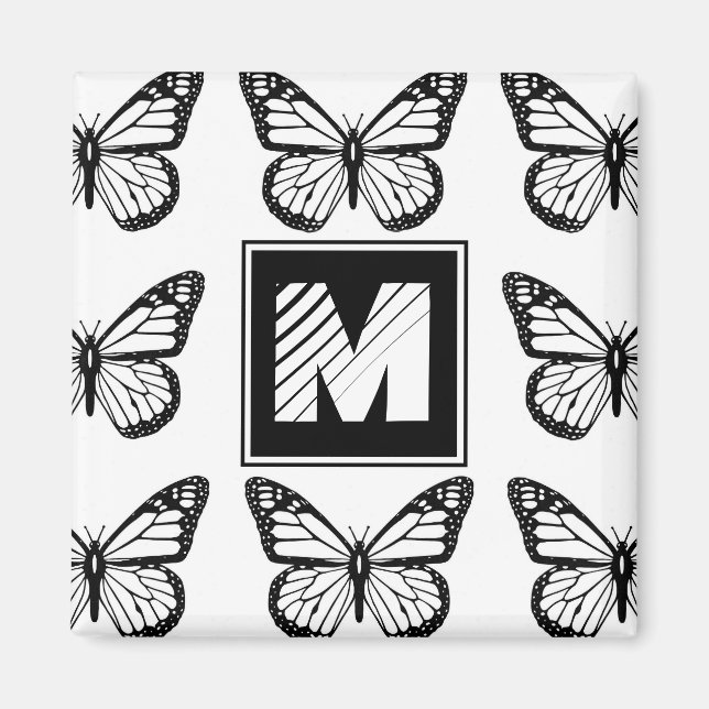 Monogram Black and White Butterfly Pattern Magnet (Front)