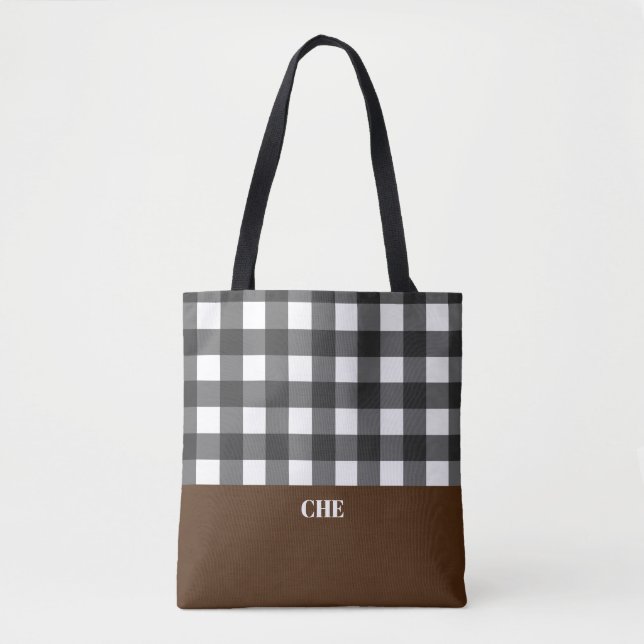 Monogram Black and White Checked Tote Bag (Front)