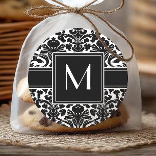 Monogram - Black and White Damask Classic Round Sticker