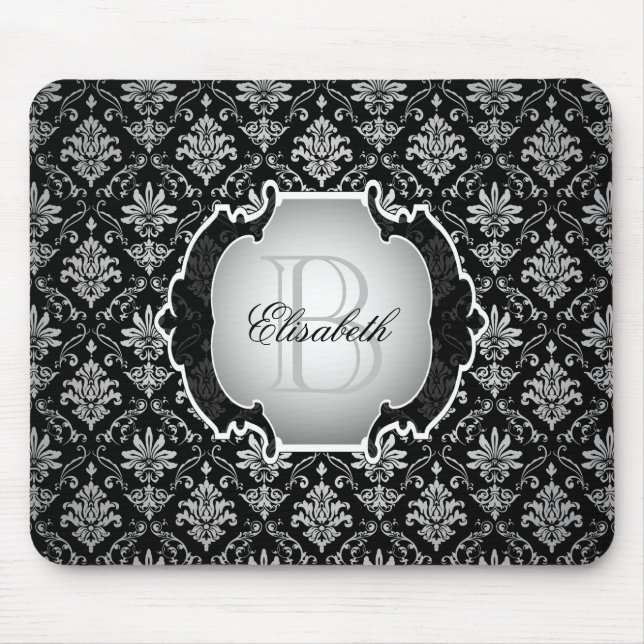 Monogram Black and White Damask Mouse Pad (Front)