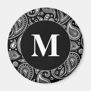 Monogram Black and White Floral Paisley Pattern Magnet