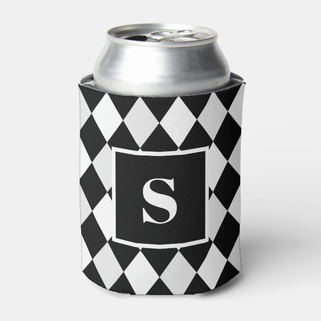 Monogram Black and White Harlequin Diamond Pattern Can Cooler (Can Front)
