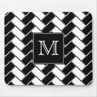 Monogram Black and White Herringbone Mousepad
