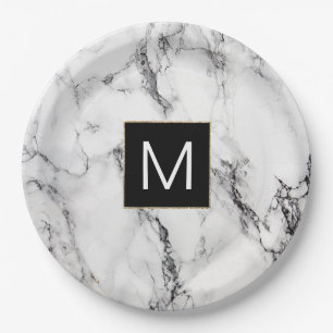 monogram black and white marble look paper plate