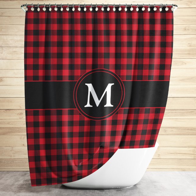 Monogram Black And White Plaid Chequered Pattern Shower Curtain (Rustic Monogram Red Plaid Pattern Shower Curtain)