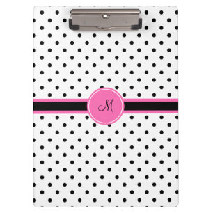 Monogram Black and White Polka Dot with Hot Pink Clipboard