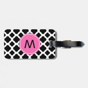 Monogram Black and White Quatrefoil with Hot Pink Luggage Tag