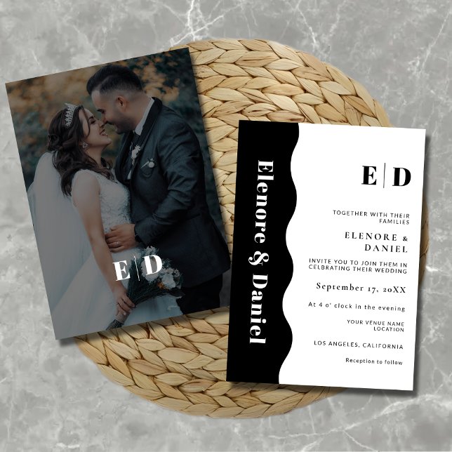 Monogram Black and White Side Wave Photo Wedding Invitation (Monogram Black and White Side Wave Photo Wedding Invitation)