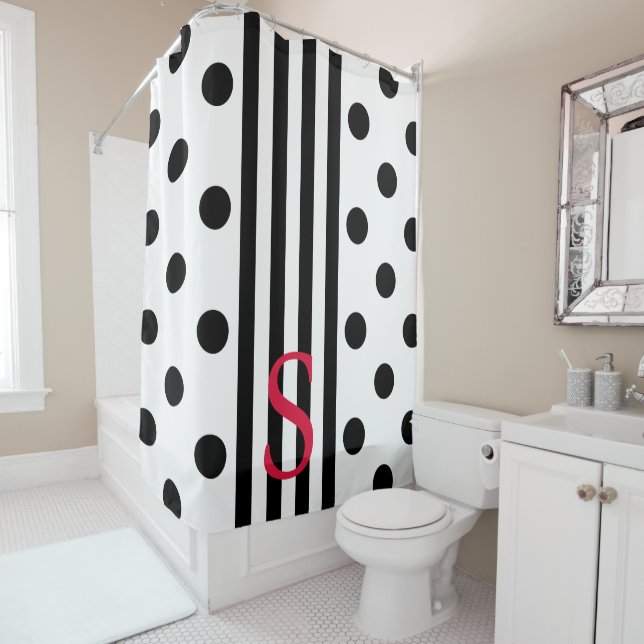 Monogram Black And White Stripe And Polka Dots Shower Curtain (In Situ)