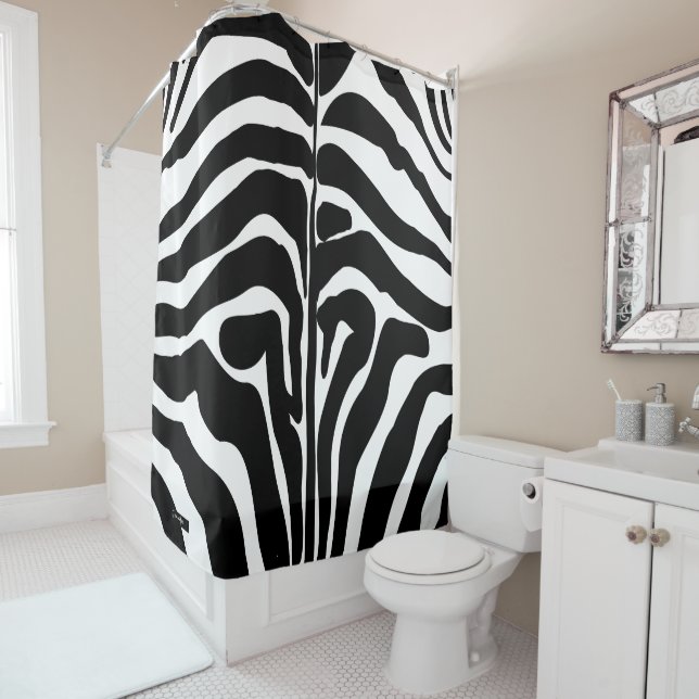 Monogram Black and White Striped Zebra Pattern Shower Curtain (In Situ)